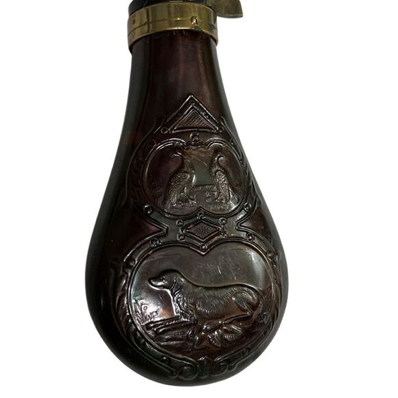 Antique Civil War Dog & Bird Horn Flask Embossed Copper Powder Flask - Picture 2 of 6